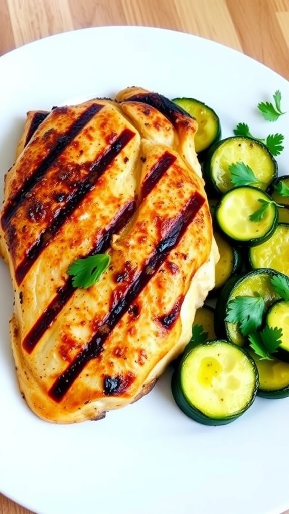 Optavia 5 & 1 Lean and Green Chicken and Zucchini Meal Grilled chicken breast with sautéed zucchini on a white plate, garnished with parsley.